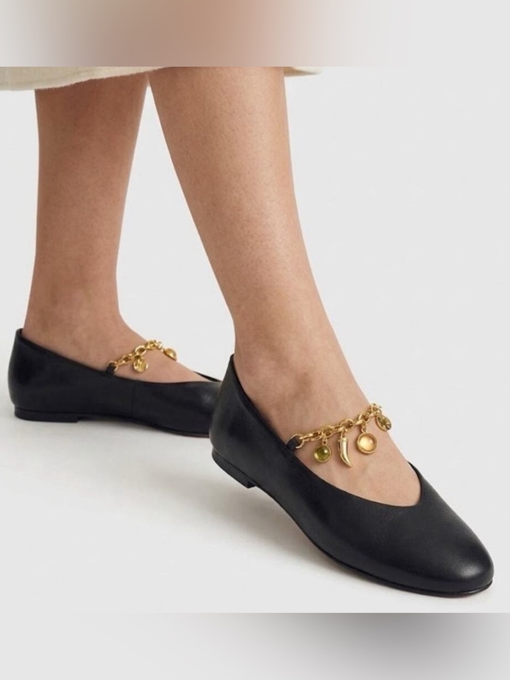 Madewell Black Leather Remy Mary Jane Flats with Gold Charm Chain Size 7.5